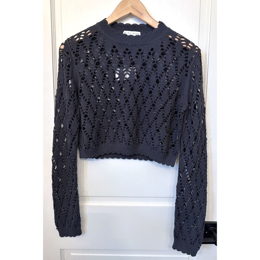NWT Miou Muse Open Knit Cropped Sweater Charcoal S Festival Whimsy Boho Coastal